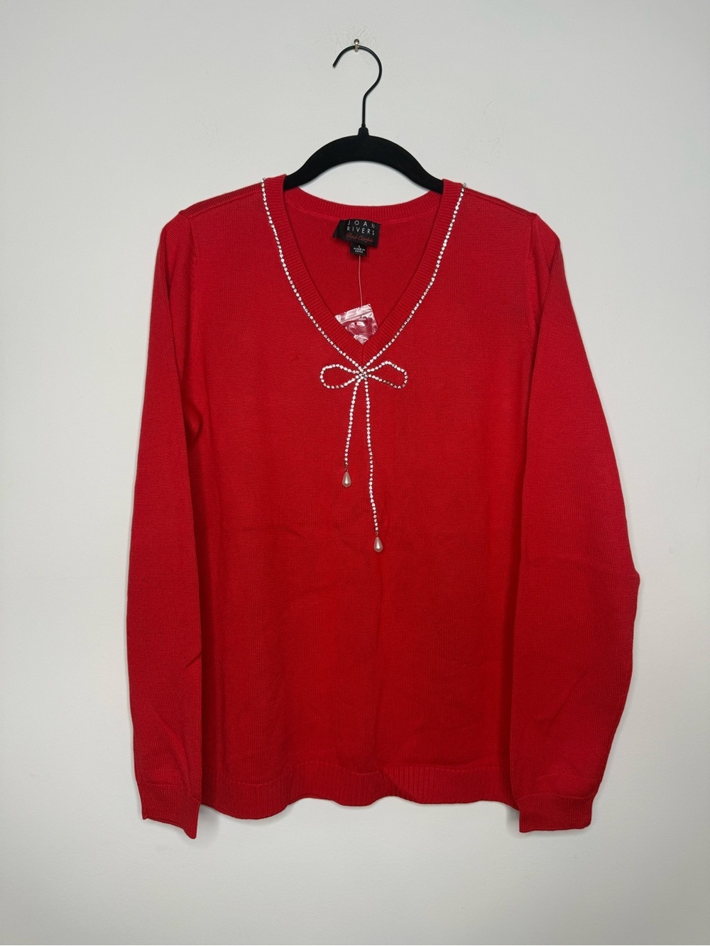 Joan Rivers Red V‑Neck Sweater with Crystal Bow Trim